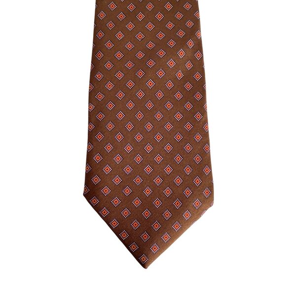 100% Silk Brown and Orange Diamond Pattern Mens Thin Necktie 58in - Picture 2 of 4